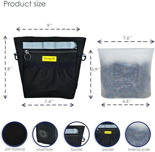 Raisingwell Dog Treat Pouch with Magnetic Closure 4-Cup Silicone Bag Fanny Pack Holder with Clicker 4 Ways to Wear Front Pocket Fits All Phones Ideal for Leash, Pet Walking and Training（Black）