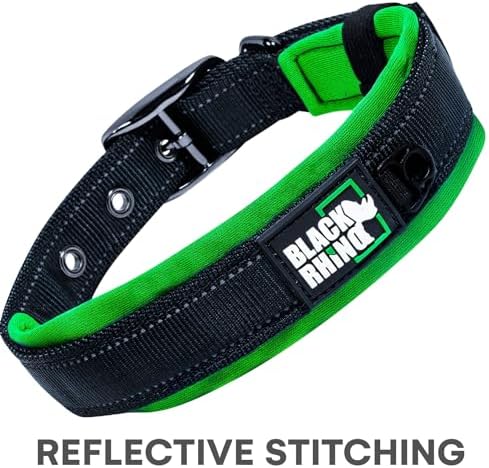 Black Rhino Dog Collars for Small Dogs - Adjustable Reflective Heavy Duty Dog Collar with Ultra-Soft Neoprene Padding - Weatherproof, Durable, and Comfortable for Active Dogs - Green and Black