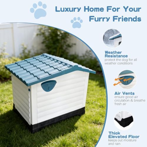 Elevated 2-Door Plastic Dog House Kennel with Fold-Out Porch