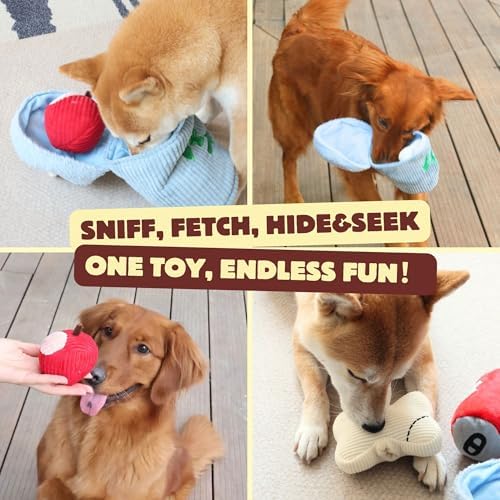 Dog Squeaky Toys, Plush Puzzle Dog Toy for Small Medium Large Dogs, Chew Fetch Brain Stimulating Toy, 3 Durable Small Toys with a Big Trash Can