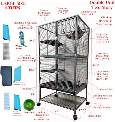 Two Full Story Deluxe Double Unit Critter Home Cage Double Durable Front Doors Safety Lock Tight 1/2-inch Wire Spacing for Feisty Ferret Hammock Chinchilla Cat Rat Gerbil Sugar Glider On Wheels