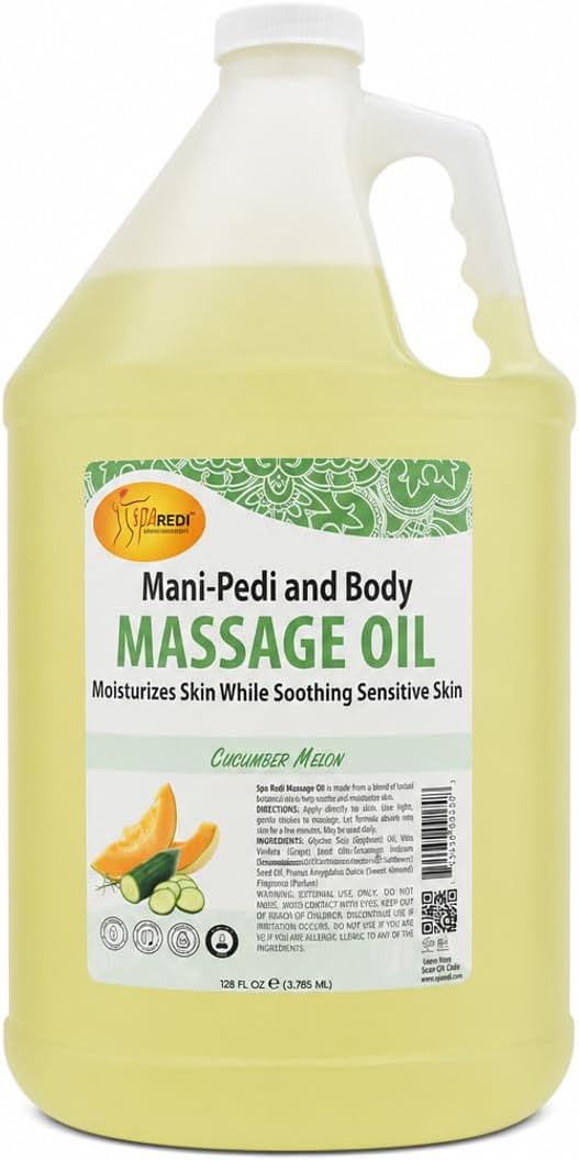 SPA REDI Botanical Massage Oil – 5-Oil Blend for Professional & At-Home Body Massage | Cucumber & Melon, Almond, Avocado, Sunflower & Vitamin E | Cruelty-Free, Sulfate-Free, Silicone-Free | 128 oz