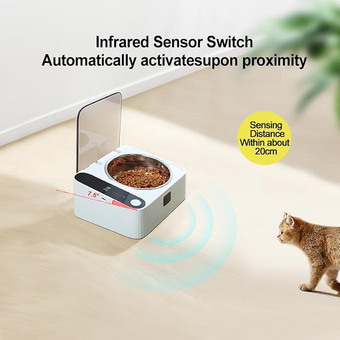 Automatic Cat Food Bowl with Infrared Sensor Lid, Auto Open & Close Pet Bowl, Elevated Stainless Steel Feeding Bowl, Dustproof Cover, Helps Keep Food Fresh and Clean, USB Rechargeable