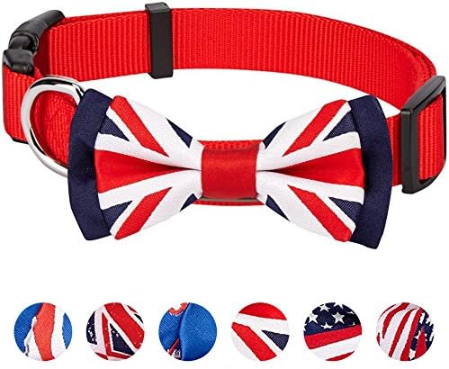 Blueberry Pet 2 Patterns Patriotic Spirits UK Flag Adjustable Bowtie Red Dog Collar - Handmade Bow Tie w/Jacquard Weave Fabric, Medium, Neck 14.5"-20"