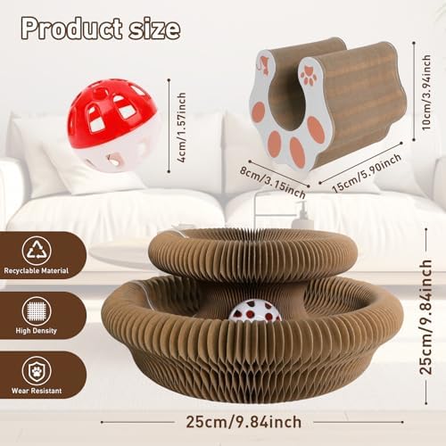 Cat Scratcher Board Foldable with Bell Ball, Interactive Mental Physical Exercise for Indoor Cats Toy, 3-in-1 Magic Organ Cat Toy Protects Furniture, Corrugated Cardboard Scratching Pad