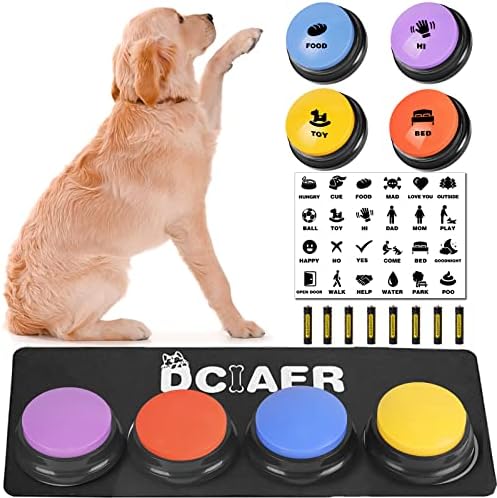Dog Buttons for Communication,Talking Buttons for Dogs,4 Recordable Sound Buttons + 24 Scene Patterns + 1 Dog Button Mat+ 8 AAA Batteries