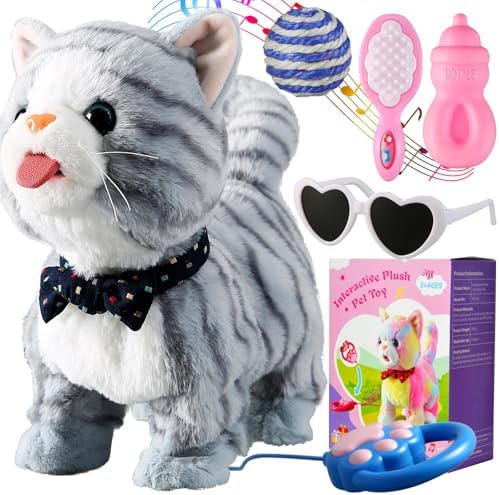 Gray Walking Cat Toy for Girls Kittens Interactive Talking Cat Meows Singing Dancing Mimicking Kitty Toys Set for Baby with Leash Plush Electronic Robot Kitties for Kids Toddlers