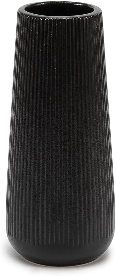 7.8''H Ceramic Vase, Pampas Grass Vase, Ribbed Modern Decor, Matte Black | Nordic Minimalist Flower Vase, Black Home Office Decor Vases, For Living Room, Dining Table, Bedroom, Kitchen Shelf