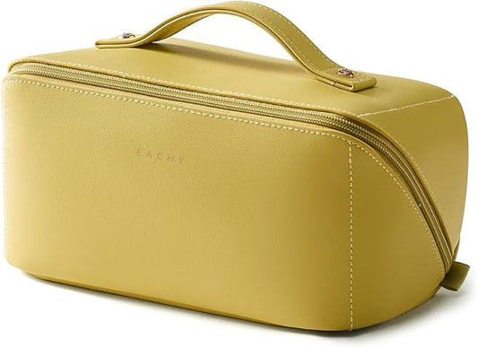 EACHY Travel Makeup Bag, Large Capacity Cosmetic Bag for Women, Waterproof PU Leather, Flat Open Portable Toiletry Bag for Skincare, Brushes & Travel Essentials