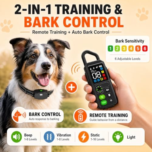 2-in-1 Dog Bark Collar & Shock Collar with Remote for 10-100lb
