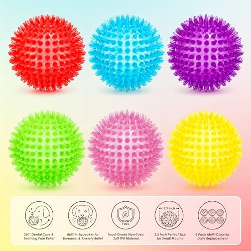 Squeaky Dog Toys Balls, 6 Pack 2.5" Spiky Dog Balls, Durable Puppy Chew Toys for Teething, Interactive Fetch Dog Toy Balls for Small Dogs