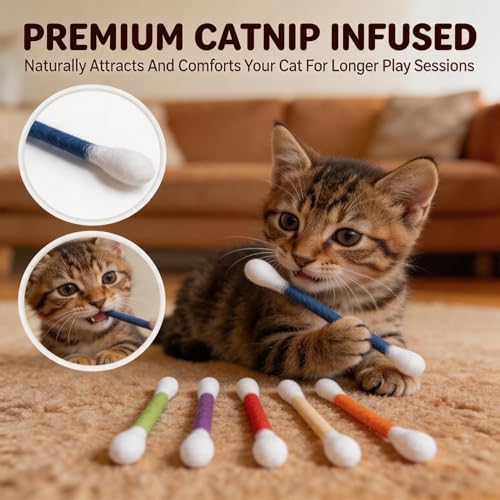 6Pack Cotton Swabs Cat Toys with Catnip, Giant Qtip Chew Sticks & Teething Ropes for Boredom Relief, Durable Interactive Felt Kitty Kicker Toy for Exercise.