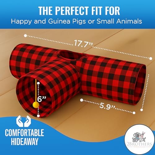 Tunnels with 3-Way Entrance - Cozy, Washable Guinea Pig Hideout - Interactive Cage Toys (Red Plaid)