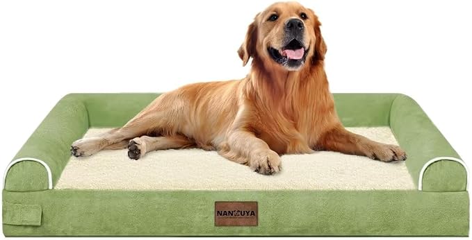 Orthopedic Dog Bed for X-Large Dogs, 40 x 32 Inch, Grass Green | Egg crate foam for joint support, 3-sided bolster pet sofa, waterproof lining, washable cover, and non-skid base