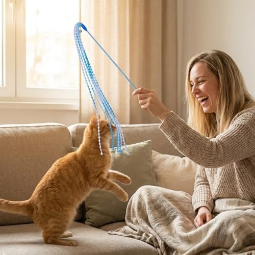 4 PCS Cat Stick Toy, String Cat Toy Multicolor Cats Interactive Wands Toys with Bells for Indoor Outdoor Cats Kitten Playing Have Fun Exercise