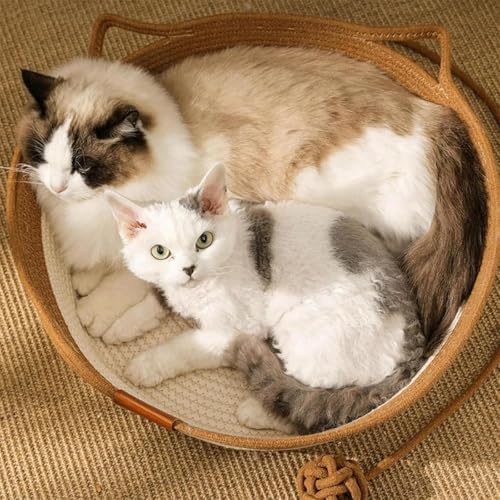 Handwoven Cat Basket with Hanging Ball Toy, Scratchable Cat Lounger Basket for Sleeping, Playing and Relaxing, Cotton Rope Cat Bed Basket with Cat Ear Handles (Brown,L)