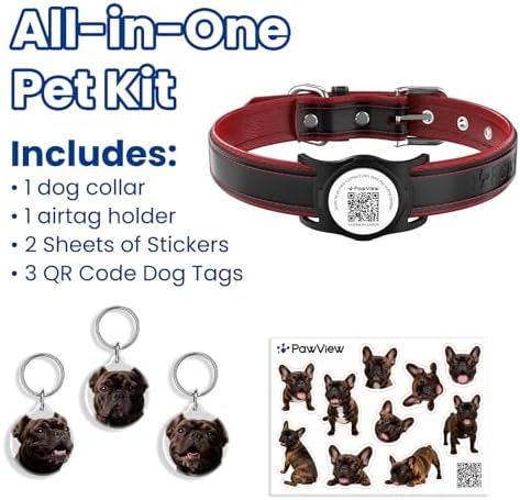 French Bulldog Leather Dog Collar with Holder for AirTag, Gift Set with 3 Brindle Frenchie QR Code Dog Tags (Dual Safety) & 2 Sticker Sheets, Personalized Accessories for Safety, S
