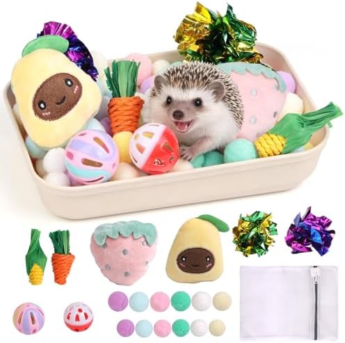 Hedgehog Accessories, Dig-Box Tray for Hedgehog Cage with Ball Toy, Small Animal Accessories Funny Dig-Box Tray Toys for Hedgehogs, Ball Bell Toy for Ferret Kitten Cat Hamster (Colorful)