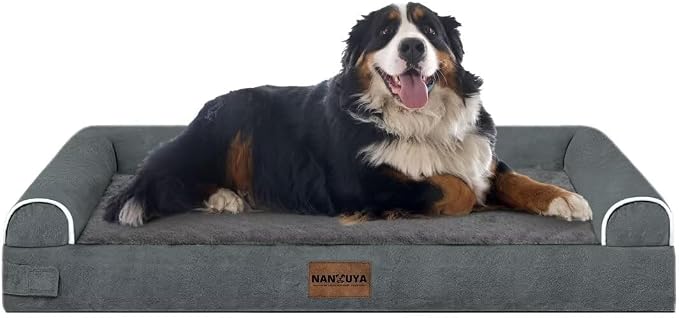 Orthopedic Dog Bed for Jumbo Dogs, 53 x 42 Inch, Dark Grey | Egg crate foam for joint support, 3-sided bolster pet sofa, waterproof lining, washable cover, and non-skid base
