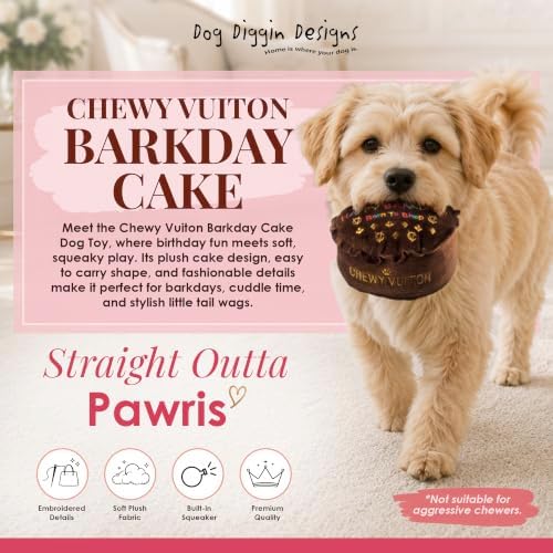 Dog Diggin Designs Chewy Vuiton Barkday Cake Plush Dog Toy | Luxury-Inspired Parody Designer Cake with Squeaker, Soft Plush Celebration Dog Toy – Prêt-à-Porter Play!
