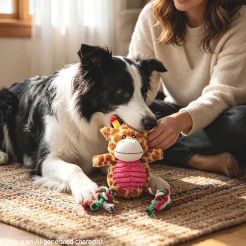 Giraffe Plush Dog Toy with Rope and Squeaker for Small Medium Dogs