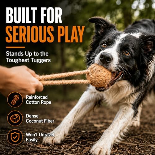 Canophera COCOBall Dog Chew Toy – Natural Coconut Fiber Ball with Cotton Rope, Durable Interactive Chew, Tug & Fetch Toy for Medium, Supports Dental Health & Boredom Relief