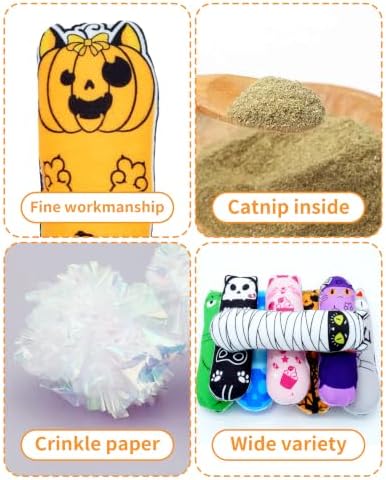 PET SHOW 4 Pack Halloween Cat Kicker Toys with Catnip Crinkle Sound Toys for Cats Random Assorsted Ghost Pumpkin Plush Kittens Shaped Natural Interactive Toys Indoor Pet Cats Chew Stick