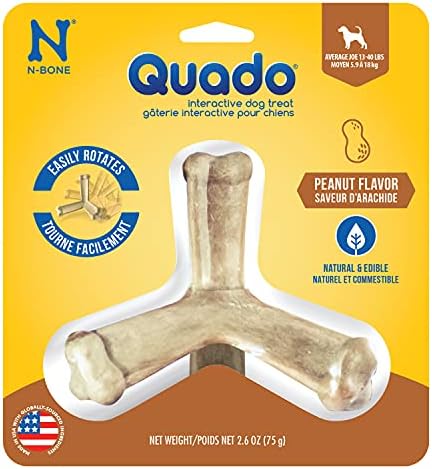 N-Bone Quado Edible Interactive Dog Chew, Peanut Butter Flavor, Easy Grip Design, Organic Dog Chew Good for Oral Health, Interactive Dog Treat, No Additives -Medium