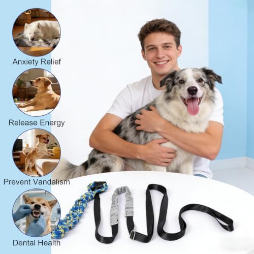 Interactive Dog Bungee Tug Toy Outdoor Hanging Tree Dog Rope Toy with Black Sun-Resistant Rope & Blue Pull Ball Adjustable Tether Tug for Small to Large Dogs Yard Play