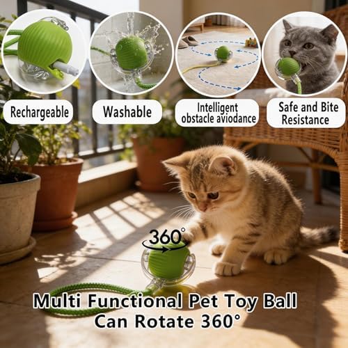 Interactive Smart Wake Pet Ball with Teaser Tail for Cats & Dogs（Green）