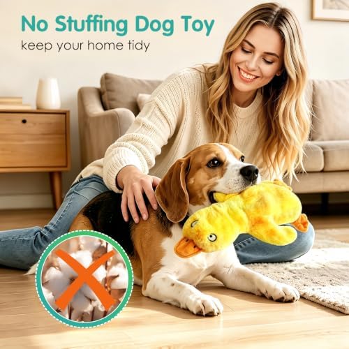 Fuufome No Stuffing Duck Squeaky Dog Toy, Crinkle Plush Chew Toy for Puppy