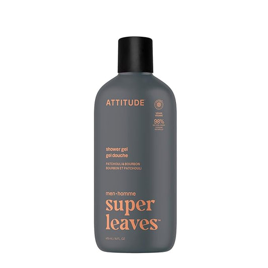 ATTITUDE Shower Gel Body Wash for Men, 98% Natural Origin Ingredients, Paraben & Phthalate Free, EWG Verified, Cleanses Without Drying, Patchouli & Bourbon, 14 Fl Oz