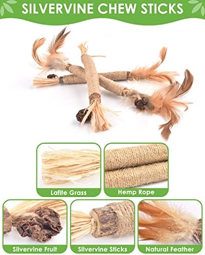 TINDTOP Silvervine Sticks for Cats with Natural Feather, Catnip Chew Toys