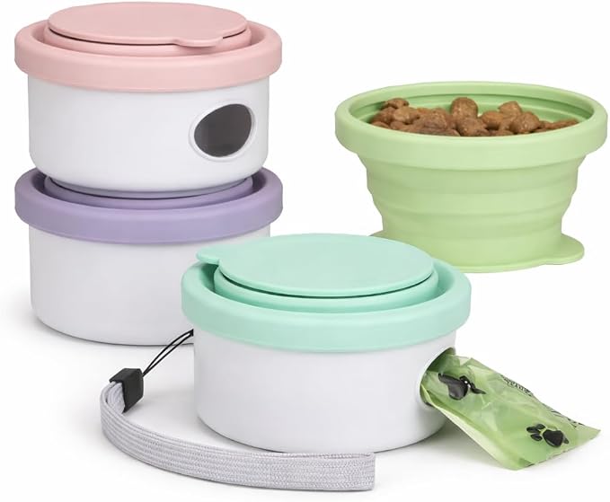 3-in-1 Dog Snack Container Portable Pet Treat Container with Collapsible Bowl & Poop Bag Dispenser for Walking Training Travel
