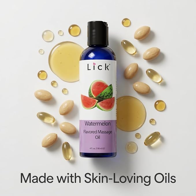 Watermelon Flavored Massage Oil for Couples – Edible Massaging Lotion with Vitamin E, Sweet Almond and Coconut Oil is Non Sticky and Gentle on Skin – Natural, Relaxing and Vegan (4 oz)