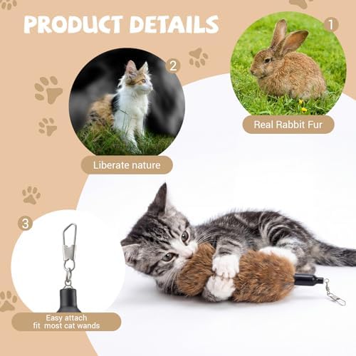 18 Pack Natural Rabbit Fur Cat Toy Refills, Mouse Tail Fur Ball Shaped Cat Toys, Interactive Cats Wand Toy Replacement Head with Secure Connector(Mouse,Tail, Pom Pom)