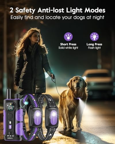 SLOPEHILL Dog Shock Collar 2 Dogs (8-140Lbs),4200FT Dog Training Collar | IP68 Waterproof e Collar with Beep,Vibration,Safe Shock,Flash Light,No Shock Model, Shock Collar for Dogs with Remote,Purple