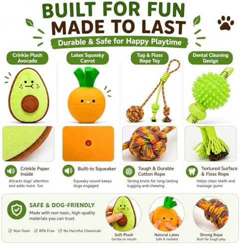 Cute Dog Toys for Small Dogs, Vegetable Puppy Toy Set with Squeaky Carrot, Avocado Plush & Rope Tug Toys, Interactive Puppy Starter Kit (Bright Orange)