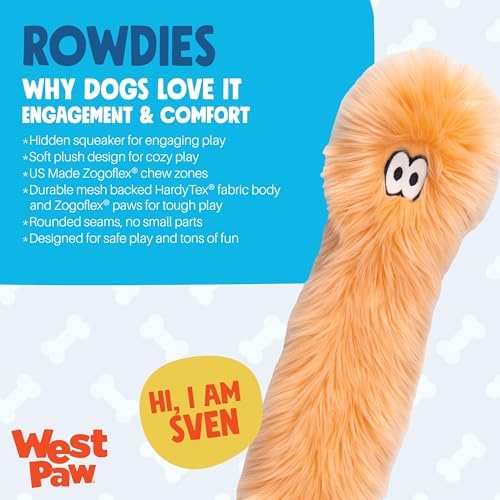 WEST PAW Rowdies Sven Durable Plush Dog Toy with HardyTex Reinforced Seams Squeaker - Soft Plush Exterior Hand Sewn by Skilled Artisans and Made in USA for Dogs - Melon
