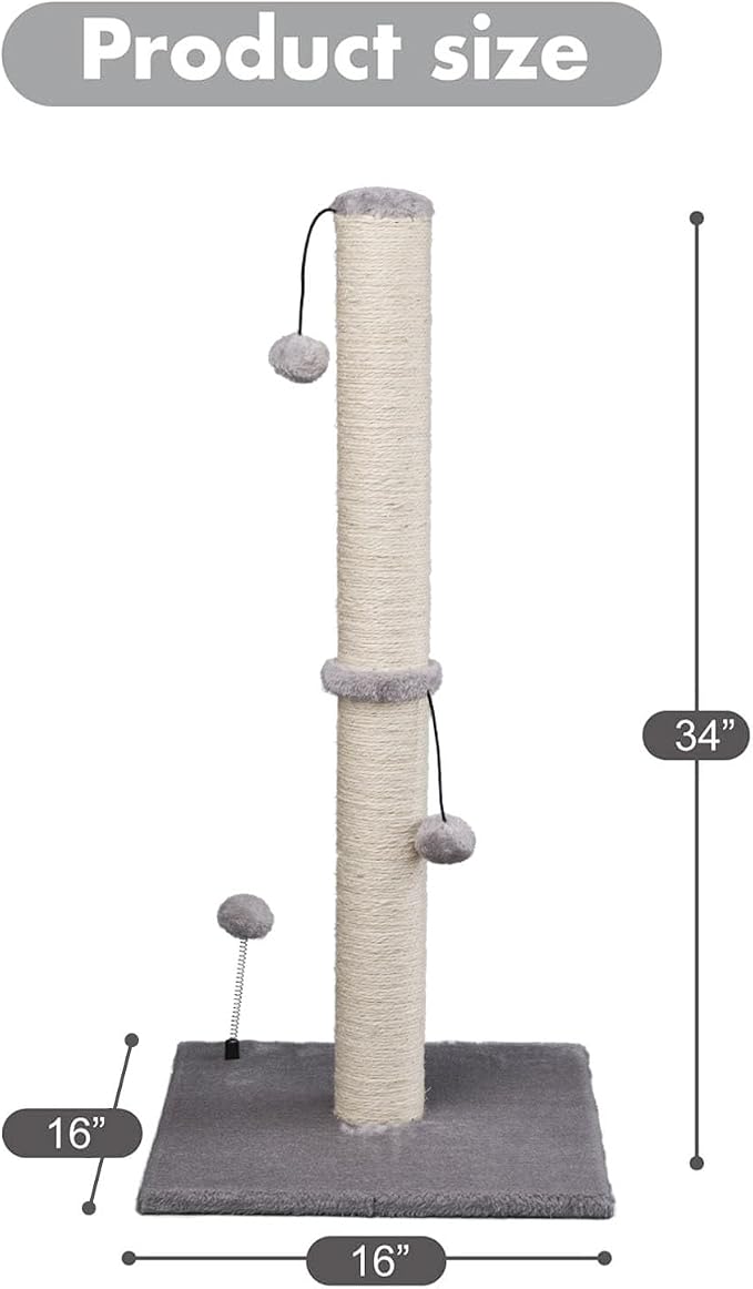 MECOOL 34“ Tall Cat Scratching Post Premium Basics Kitten Scratcher Sisal Scratch Posts Trees with Hanging Ball for Indoor Cats, Gray