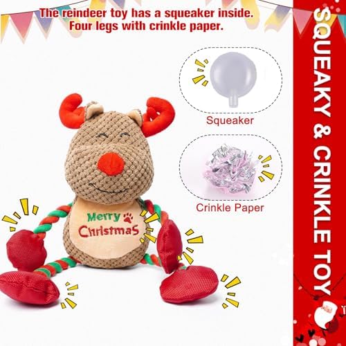 EXPAWLORER Christmas Dog Squeaky Toys - Interactive Reindeer Stuffed Plush Dog Toy with Squeakers Crinkle Paper, Chew Rope Toys for Puppy Small Medium Large Dogs