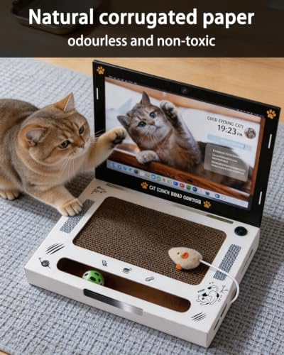 Cat Laptop Scratcher, Corrugated Cardboard Cat Laptop Toy with Plush Mouse Jingle Ball, Interactive Scratch Pad Pro Laptop for Cats