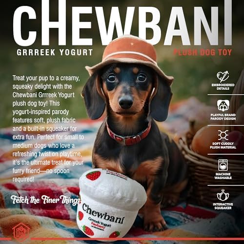 Chewbani Grrreek Yogurt – Luxurious Parody Plush Dog Toy with Squeaker, Premium Fabric, Embroidered Details, Designer-Inspired Chew Toy, Fun Gift for Small Dogs & Dog Lovers