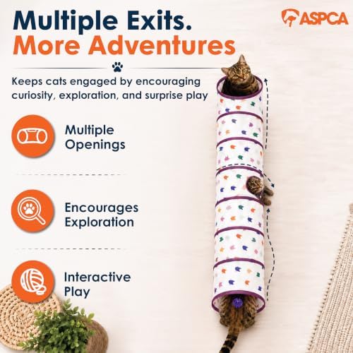 ASPCA Cat Tunnel with Rattle Toy, Interactive Collapsible Cat Tunnel for Indoor Cats, Crinkle Play Tunnel with Hanging Rattle Toy, for Hiding, Chasing, Pouncing & Active Play, Silhouette Printed