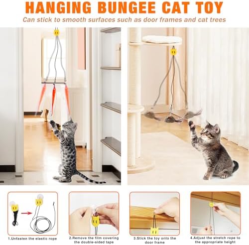 JXFUKAL Interactive cat Toy, Automatic Cat Wand Toy with Stable Wooden Base, 2 PCS Detachable Cat Teaser, 5PCS Refills Replacement & Hanging Elastic String, Kitty Kitten Toys Feather Spring Bird Toy