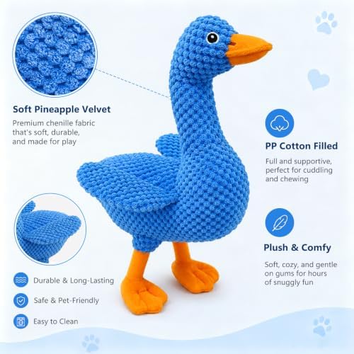 Blue Plush Duck Dog Toy, Stuffed Squeaky Toy with Crinkle Paper