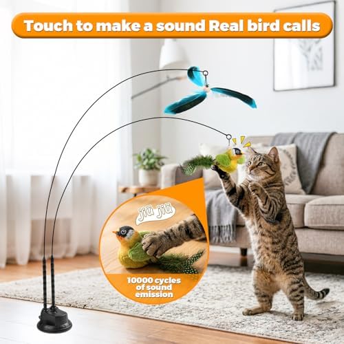 Interactive Suction Cup Cat Teaser Wand, Cat Toy with Simulated Bird & Spinning Feather Attachments, Strong Suction Base & Long Steel Wire for Kitten Self-Entertainment (Detachable)