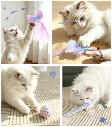 SONGWAY Interactive Cat Wand Toy Set - Retractable Cat Teaser Wand with 8 Cat Toy Attachments, Dragonfly Butterfly Bird Mouse Yarn Ball Tassel Feather Cat Toy Refills for Indoor Cats Kittens, Purple