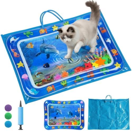 Cat Water Mat with Protective Bag, Scratch Resistant Thickened PVC Water Play Mat, Summer Cooling Interactive Water Filled Mat, Portable Foldable Paw Proof Cat Toy Mat for Indoor Outdoor (B)