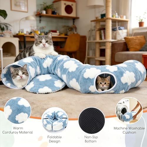 Cat Tunnel Bed with Toys – Large Collapsible Play Tube (Blue)